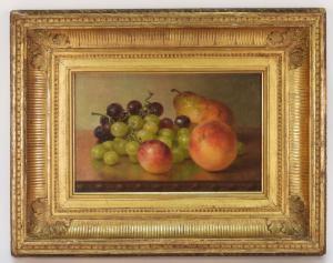 Still life painting of fruit by Robert Spear Dunning (Mass./N.H., 1829-1905), depicting peaches, a pear and bundles of red and green grapes (estimate: $6,000-$9,000).