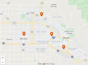 The 4 locations of Rave Laundry in Boise(Fairview Ave, Canal St, State St) and Meridian, Idaho on map.