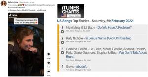 Katy Nichole's “In Jesus Name (God of Possible)” premieres on KLOVE and reaches 2nd highest position on the iTunes overall Top Songs chart.