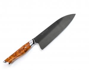 The STEELPORT 6" Chef Knife is American-forged carbon steel with an Oregon Big Leaf Maple Burl Handle, each handcrafted in Portland, Oregon