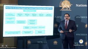 NCRI-US Alireza Jafarzadeh displays the org chart of Quds Force's naval terror units during a press conference, Feb 2, 2022, Washington DC.