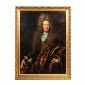 French 18th century oil on canvas portrait of a gentleman and his dog, titled Nobleman and His Dog, unsigned (estimate: $3,000-$5,000).