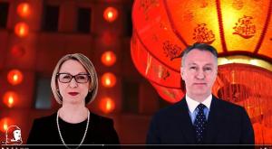 Screenshot of Guildhawk Multilingual Virtual Human Twin avatar of Jurga Zilinskiene and David Clarke saying, Happy Chinese New Year of the Water Tiger in Mandarin