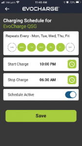 EvoCharge iEVSE Home charging app scheduling screen shot