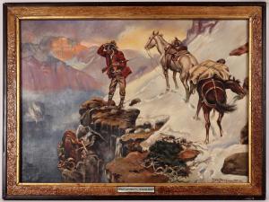 Oil on canvas Western cowboy hunting scene by F. W. Trautwein, titled Meat’s Not Meat Til It’s In The Pan (1972) (estimate: $3,000-$5,000).