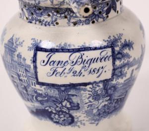 English Staffordshire “Delft” blue and white transferware jug, pattern unknown, 7 inches tall (estimate: $2,000-$4,000).