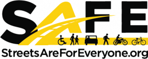 The Streets Are For Everyone logo is yellow and black, the colors of a road.  Symbols at the bottom represent some of the types of road users -- pedestrians, cars, bicycles, the handicapped, families and kids as well as motorcycles.