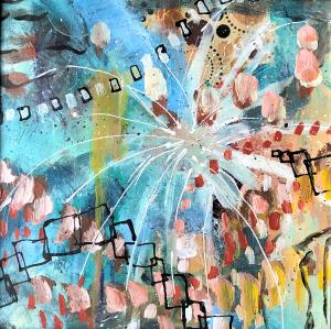 Mixed media abstract painting featuring a firework motif.