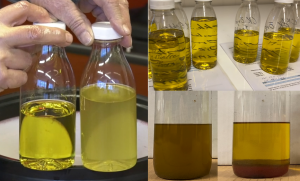 Images shows three differing fuel samples cleaned using Aquafighter Fuel Technology