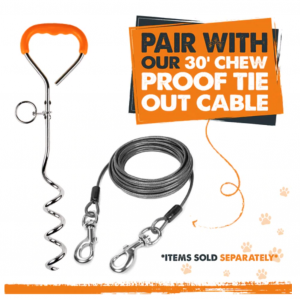 The Mighty Paw Dog Tie Out Stake works best with the 30' Mighty Paw Chew-Proof Tie Out Cable