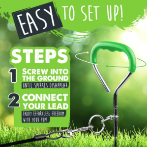 It only takes 2 easy steps to install the Mighty Paw Dog Tie Out Stake