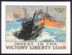 American World War I poster titled Invest In the Victory Liberty Loan, with artwork by Leon Alaric (L.A.) Shafer (1866-1940) (estimate: $500-$800).