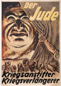 German World War II antisemitic poster, circa 1940, with artwork by Mjolnir (Hans Schweitzer, 1901-1980), 45 ½ inches by 33 inches (estimate: $1,200-$2,000).