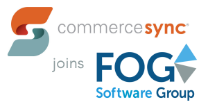 logos of commerce sync - a stylized c and s -and of FOG software - with extended triangle shapes