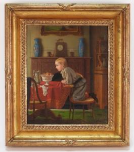 Interior genre painting by John Carlin (N.Y./Pa., 1813-1891), of a boy kneeling on a cane chair, staring at a bowl full of apples ($7,500).