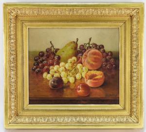 Still life painting by Fall River artist Herbert Cash (Mass., 1864-1914), depicting a plum, a pear and an apple and green grapes ($4,062).