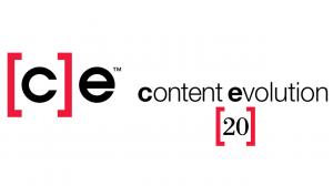 This is a mark celebrating the 20th anniversary of Content Evolution, which includes the logo with company name lockup with a 20 in the red logo brackets appearing below the name Content Evolution. The Content Evolution logo symbolizes protection of the c