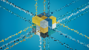 Several streams of alphabet letters flow into and out of a blue and yellow cube