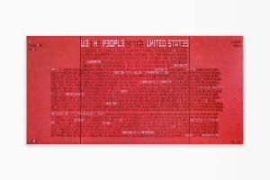 The U.S. Constitution, the Preamble and very important Articles take on a new dramatic & ironic twist when it is produced as a Brutalist piece of Art. The size & stone patina are imposing and the Cyrillic Russian Typeface is disturbing to the senses.