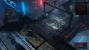 A player character traverses through a grim but colorful cyberpunk world in The Ascent