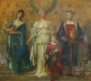 Oil on canvas laid to board by Edwin Howland Blashfield (American, 1848-1936), titled Hospitality (est. $8,000-$12,000).