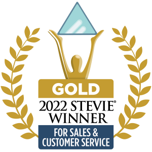 A gold trophy surrounded by gold olive leaf reads 'Gold 2022 Stevie® Winner For Sales & Customer Service'