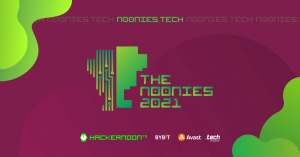 Green Noonies logo on a deep purple background with green shapes in corners and sponsor logos at the bottom