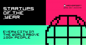 SOTY, HackerNoon, and sponsor logos on black, pink, and green background. With a caption "Startups of the year. Every city in the world above 100k people"