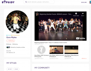 A screenshot of Ezra Bristow's Bopsidy profile page with a profile picture and video thumbnails showing him dancing