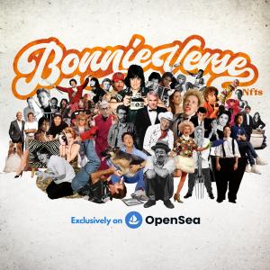 The Bonnieverse NFTs logo and title treatment featuring an array of photo cut-outs with famous celebrities that photographer Bonnie Schiffman captured over her fourty year career.
