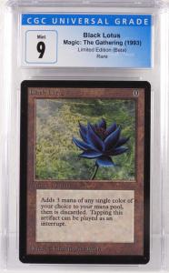 Magic: The Gathering Beta Black Lotus card, graded CGC 9 Mint, a Holy Grail item for MTG collectors ($45,000).