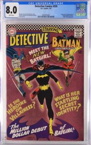 Copy of D.C. Comics Detective Comics #359 (Jan. 1967), graded CGC 8.0 with the origin and first appearance of Batgirl ($4,000).