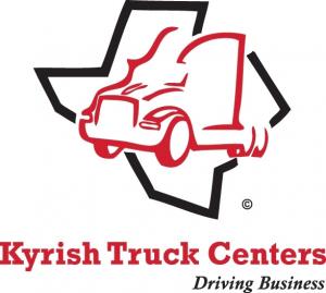red line drawing of truck on top of black outline of the state of Texas, the words "Kyrish Truck Centers, Driving Business" under the logo