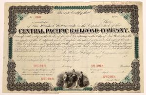 Scarce, 19th century Central Pacific Railroad (Calif.) specimen stock certificate for $100 par shares, with a vignette at the bottom ($750).