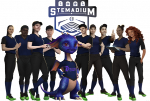 The image shows the baseball team characters, mascot, and logo from the STEM learning app called STEMadium.
