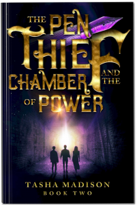 Paperback book cover for young adult magical realism novel, The Pen Thief and the Chamber of Power.
