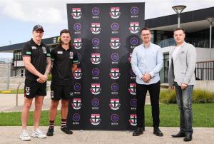 Matrix Protocol Co-Founders Lachlan Kitson and Jack Economos and St Kilda Footballers Zak Jones and Jack Sinclair. Picture: Corey Scicluna