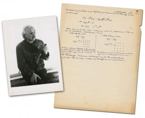 Albert Einstein manuscript in German from around 1942, paired with a vintage Lotte Jacobi photograph of the physicist (est. $27,500-$30,000).