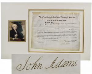 John Adams signed document dated January 27, 1801, promoting an artillery engineer, with an unusually large Adams signature (est. $5,000-$6,000).