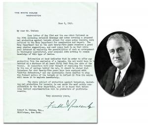 One-page typed letter signed by Franklin D. Roosevelt on White House stationery, dated June 6, 1942, discussing Nazi U-boat attacks (est. $5,000-$6,000).