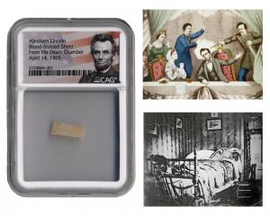 Part of the sheet from Abraham Lincoln’s death bed removed from the Peterson Boarding House, a blood-stained linen swatch (est. $2,000-$3,000).