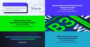 green, blue, and purple backgrounds with details regarding the currently active writing contests on HackerNoon