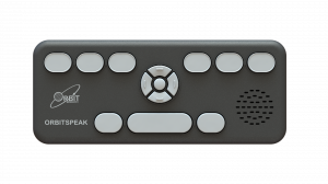 Top view of the Orbit Speak Notetaker showing the Perkins-style braille keyboard, navigation keys and speaker grille