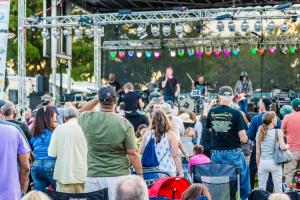 Large crowd watching a band perform on stage
