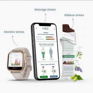 Image shows a smartwatch, nutrition bar and smartphone