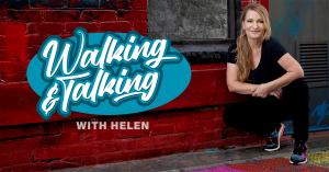Helen Ryan squatting next to Walking & Talking logo