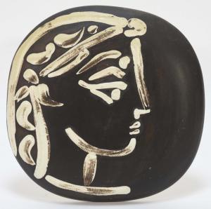 Ceramic face plaque by Pablo Picasso (Spain, 1881-1973) for Madoura, titled Jacqueline’s Profile (est. $2,500-$4,000).
