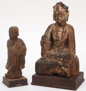 Pair of Chinese carved wood figures, one a Guan-Yin, from the late Ming or early Qing Dynasty (est. $500-$800).