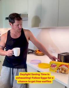 Nick Lachey's announcement on Instagram saying Daylight Saving Time. Is. Exhausting! That's why Eggo is giving away up to 1M free waffles on Monday 3/14 to help parents L’Eggo of the morning craziness. Keep an eye on @eggo_us socials.
