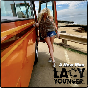 Lacy Younger poses in front of vintage camper van at Sunset Cliffs in San Diego
